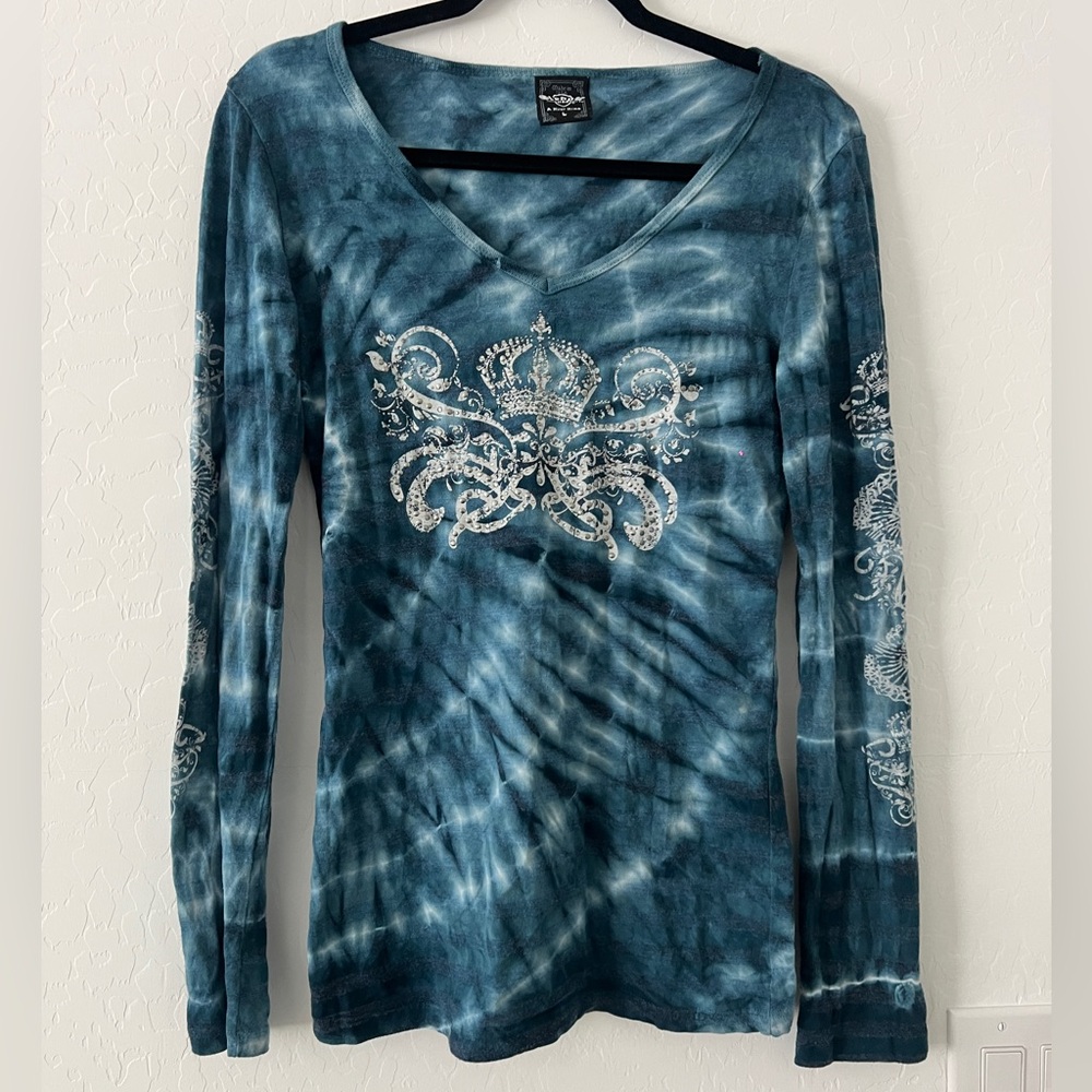 Sledge USA Vintage Y2K Womens Top Rhinestone Studded Crown Long Sleeve Sz Large